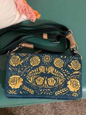 Consuela Embroidered Uptown Suede Crossbody Bag with Gold Floral Detail